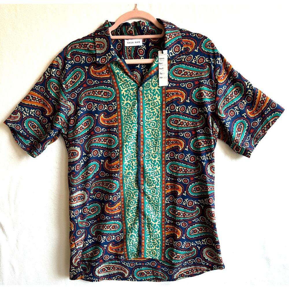 Raga Man Shirt Mens Med Paisley Short Sleeve Button Down Casual Vacation NWT